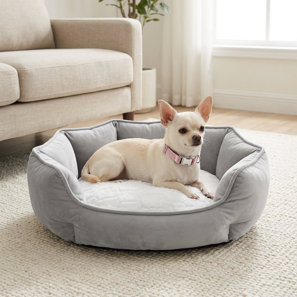 Chihuahua resting in the gray bed wearing your blush pink collar