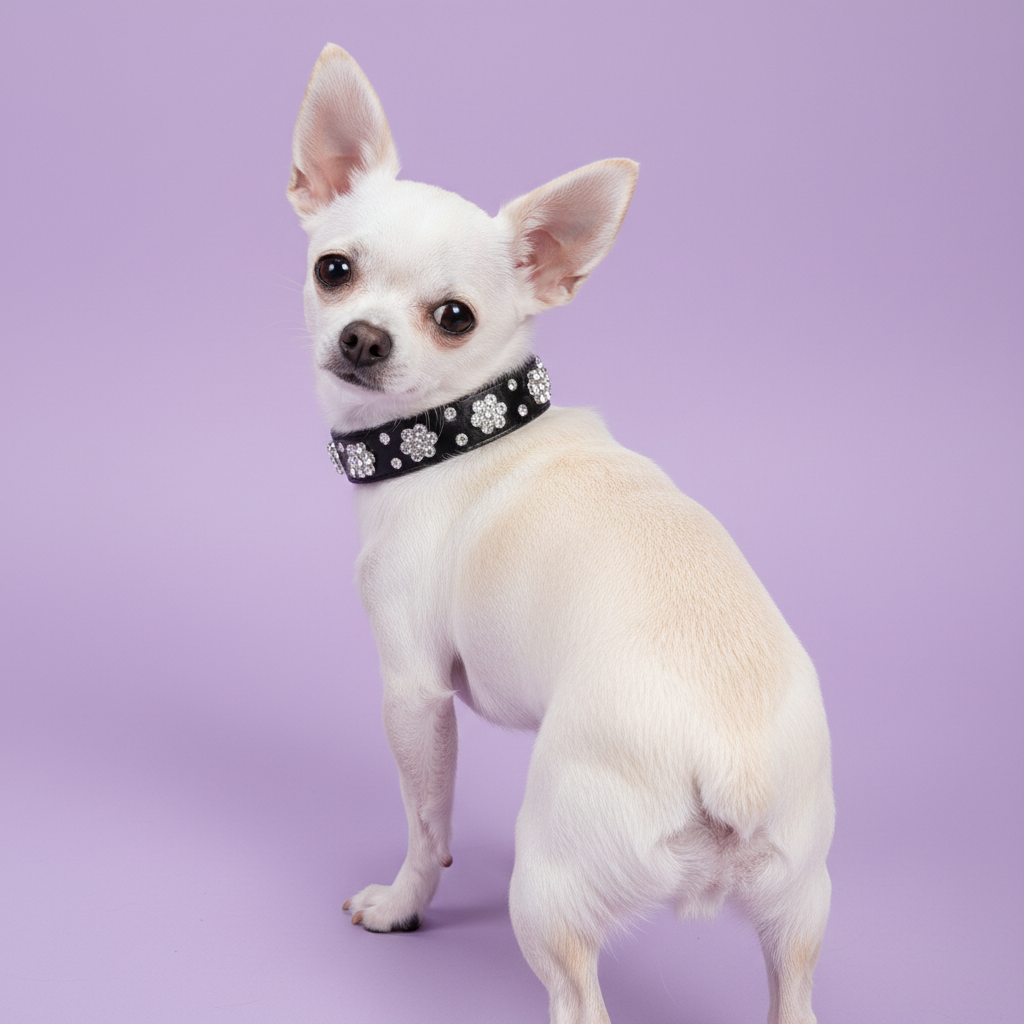 Chihuahua wearing a sparkling jeweled dog collar against a soft lavender studio background.⠋