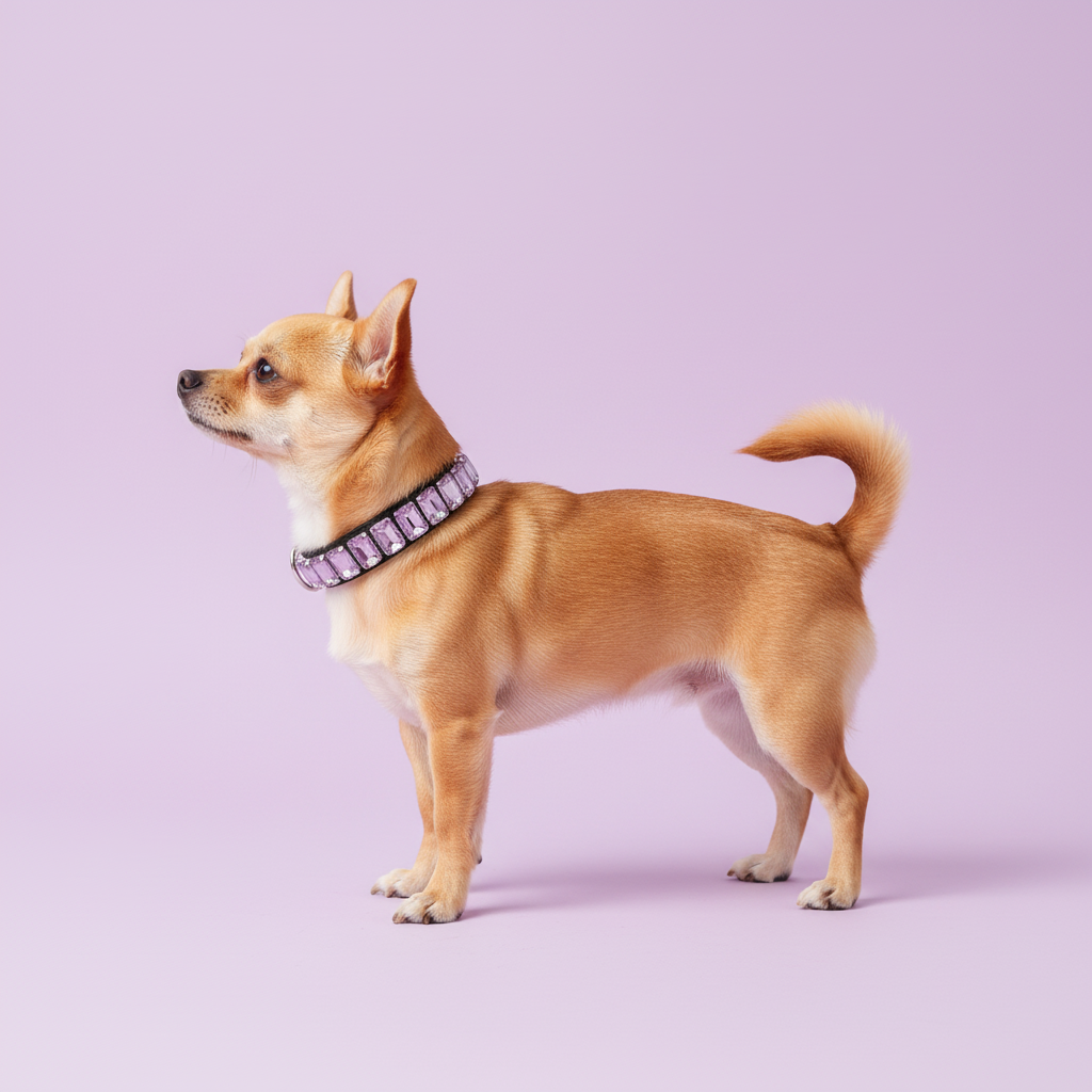 Tan Chihuahua standing in profile and wearing a lavender crystal rhinestone collar against a soft lavender studio background.