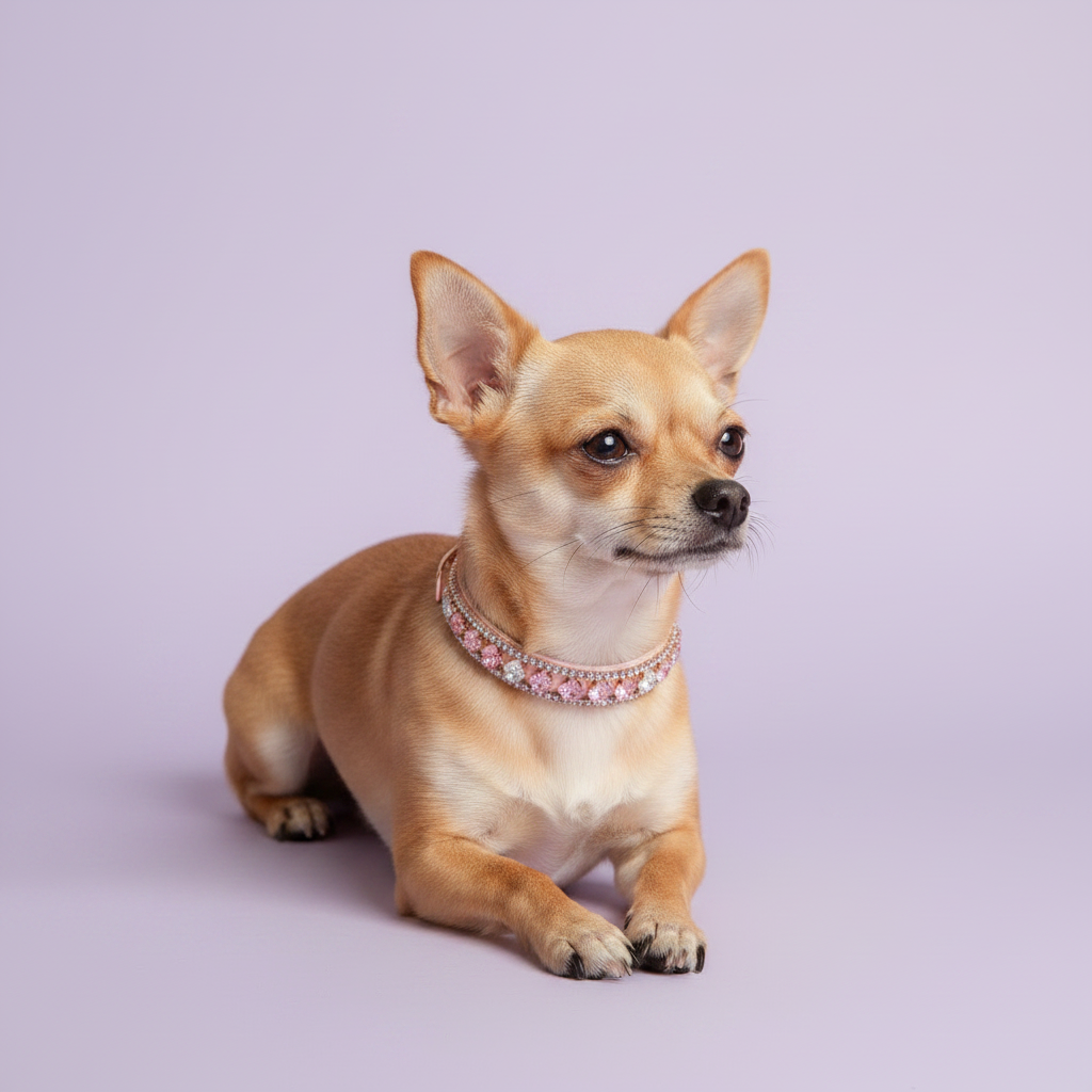 Pretty Posh Pets luxury rhinestone pet collar — a fawn Chihuahua in a sphinx pose wearing a pink leather collar with alternating princess-cut pink and clear crystal gemstones set in rose gold, looking alertly to the side against a soft lavender background.