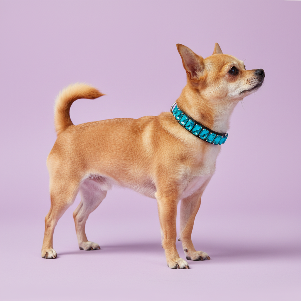 Tan Chihuahua standing in profile wearing a bright teal rhinestone collar against a soft lavender studio background.