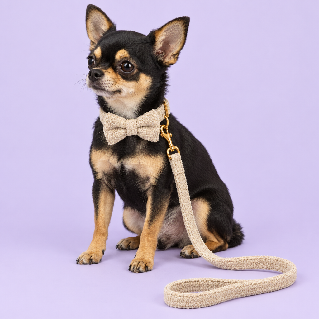 Chihuahua wearing beige teddy fleece bow collar and leash