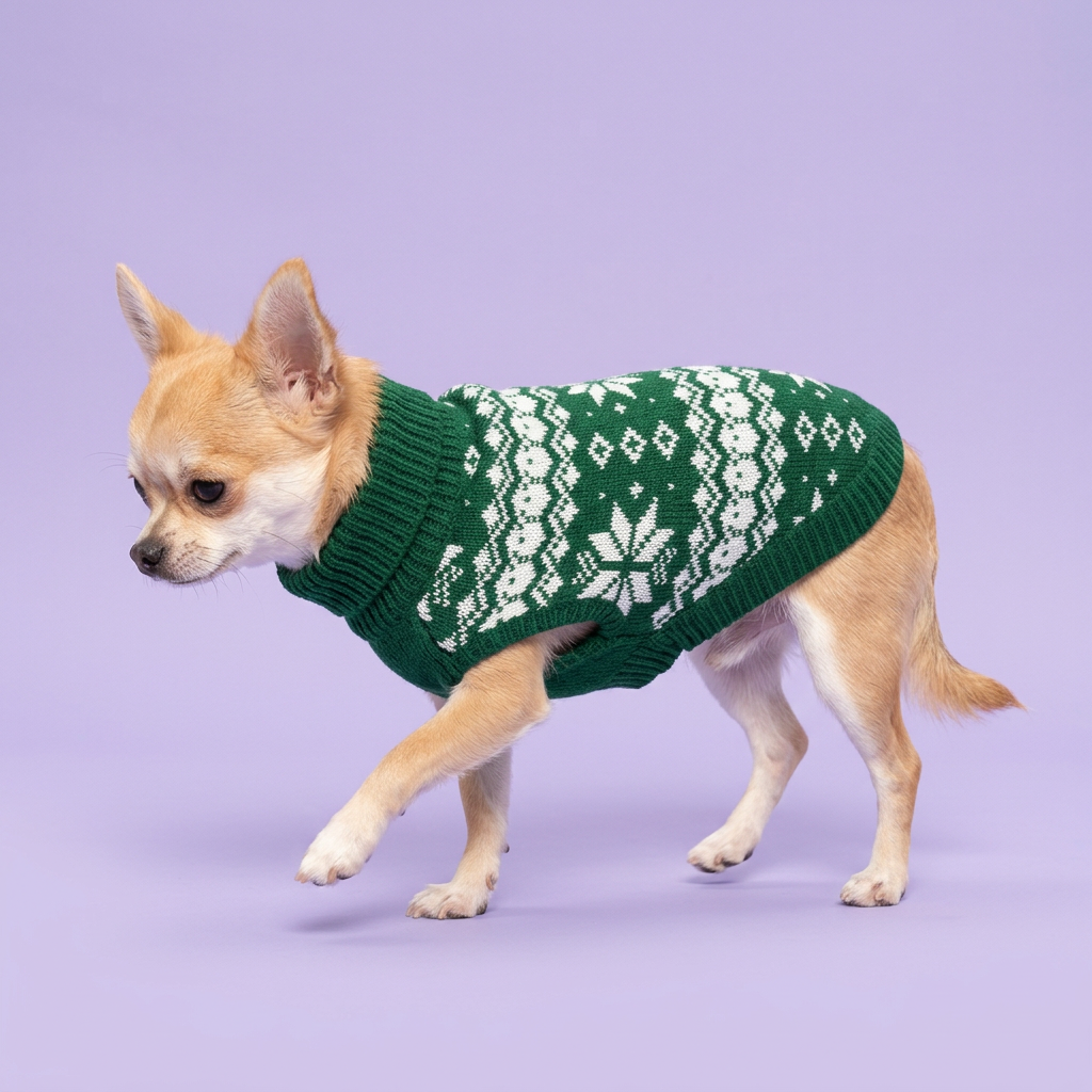 Chihuahua wearing the green snowflake sweater