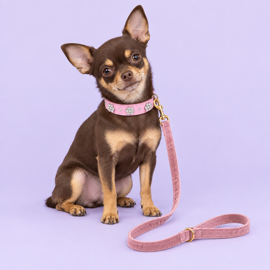 Chihuahua with flower collar and pink velvet leash