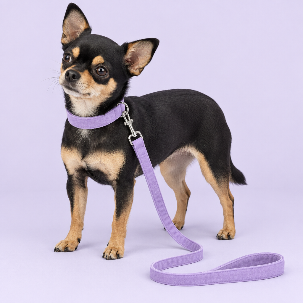 Chihuahua with light-purple collar and leash