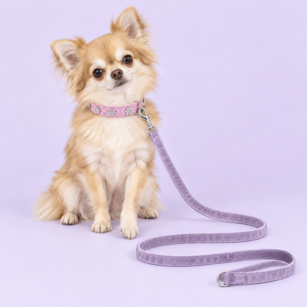 Chihuahua with pink flower collar and lavender leash