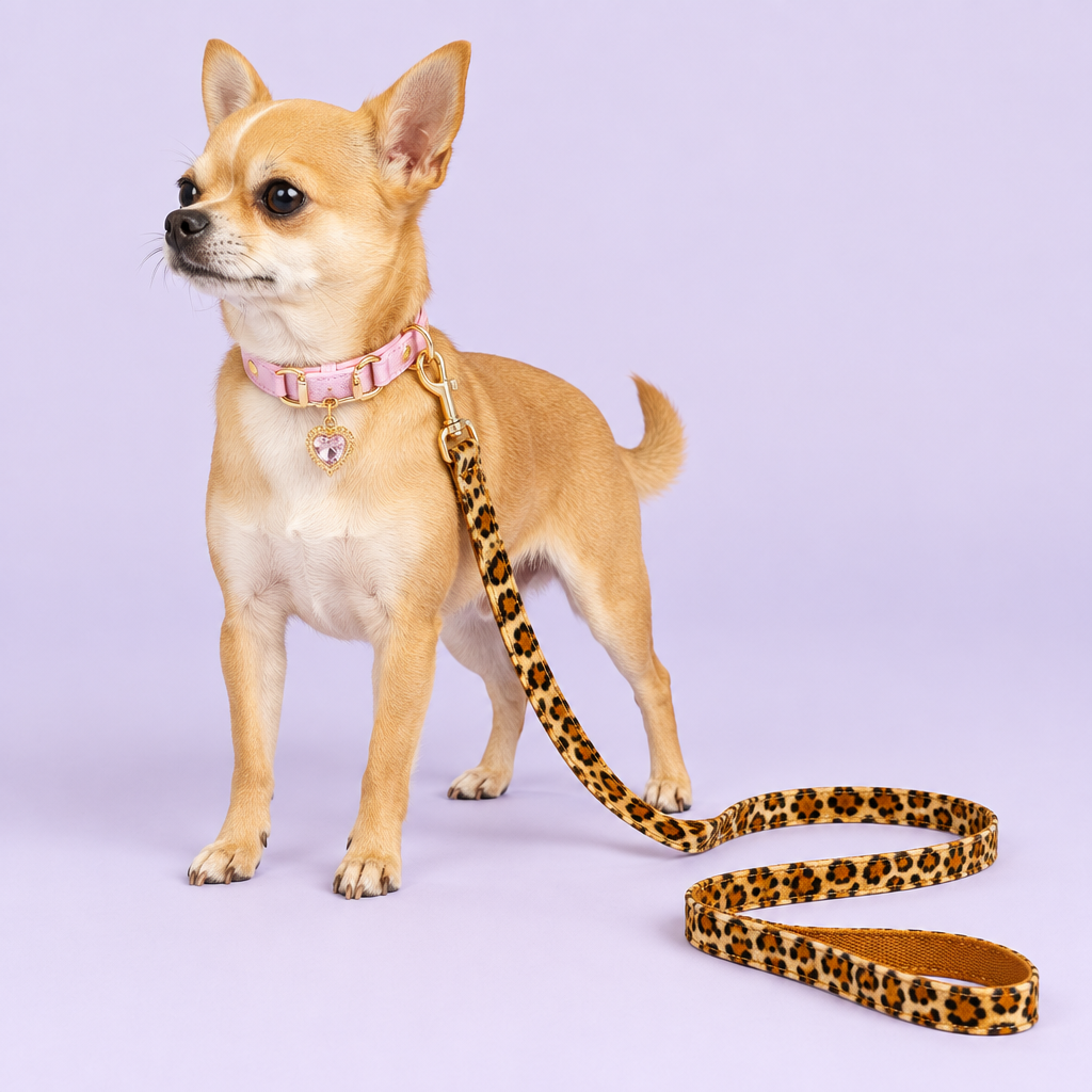 Chihuahua with pink heart collar and leopard leash