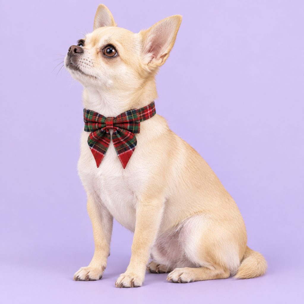 Chihuahua with smaller red tartan bow
