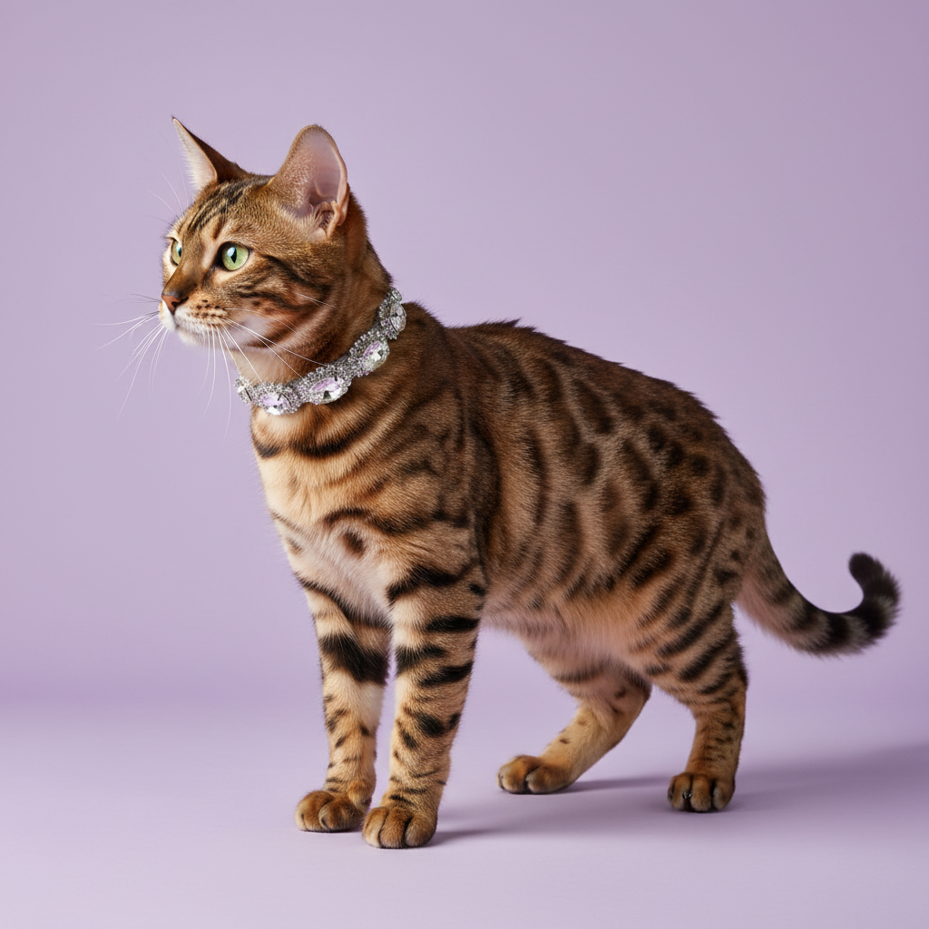 Chocolate-and-tan Bengal cat standing and looking to the side, wearing a clear crystal beaded collar, on a lavender background