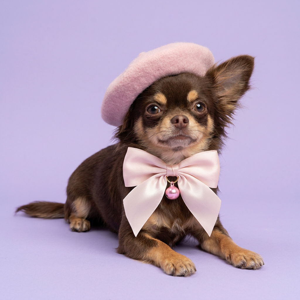 Chocolate-and-tan Chihuahua resting in the pink beret and bow