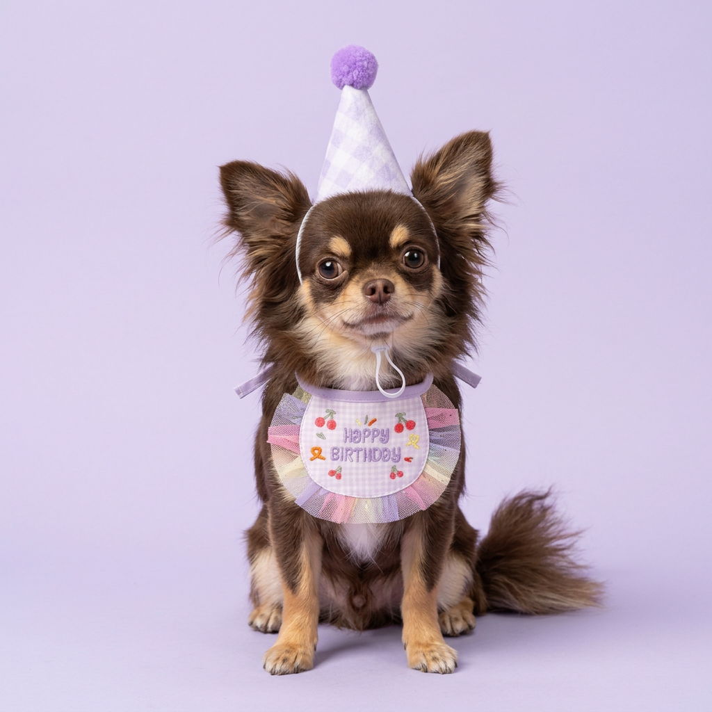 Chocolate-and-tan Chihuahua wearing the lavender birthday set