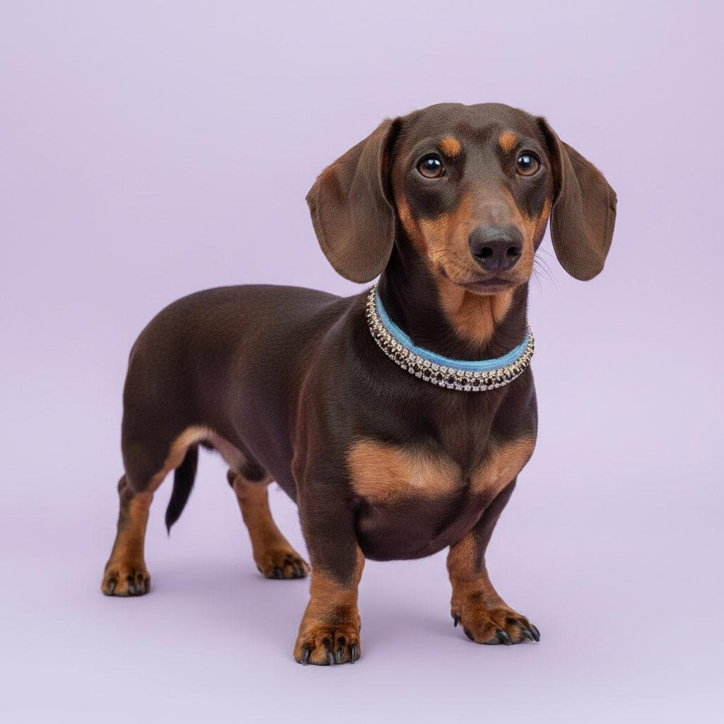 Chocolate-and-tan Dachshund in the light-blue velvet collar with black trim