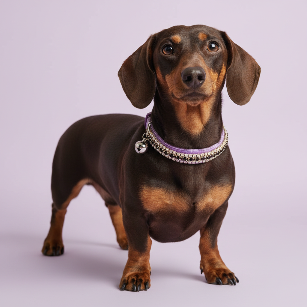 Chocolate-and-tan Dachshund in the purple velvet collar with black trim