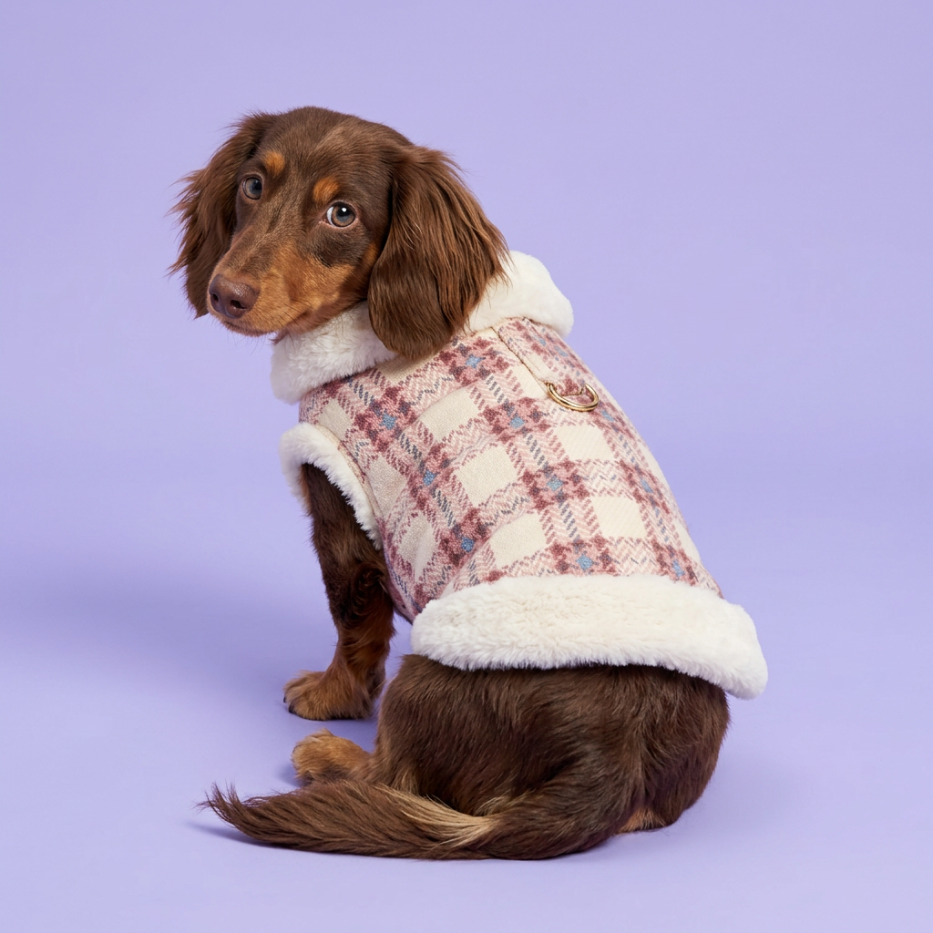 Chocolate-and-tan dachshund looking back to show the vest’s back