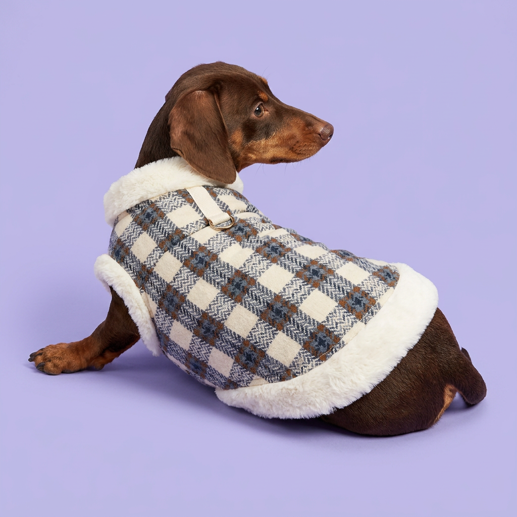 Chocolate-and-tan dachshund reclining in the plaid jacket