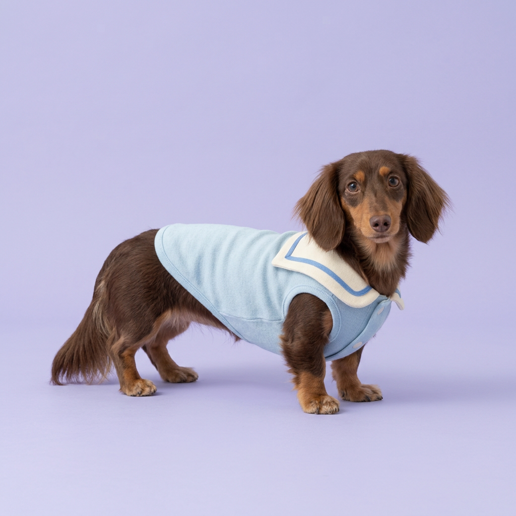 Chocolate-and-tan dachshund standing in the light-blue sailor shirt