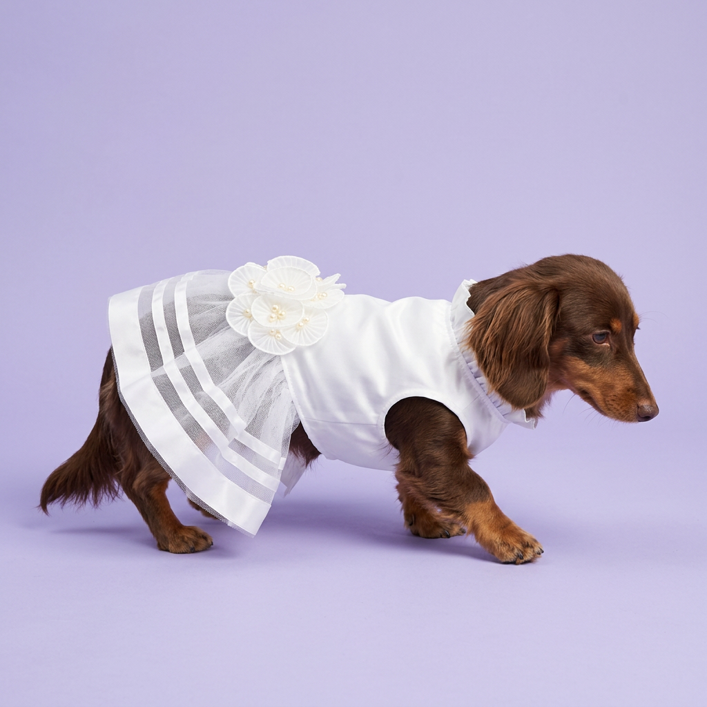 Chocolate-and-tan dachshund walking in the white dress