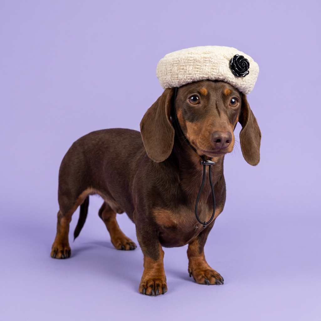 Chocolate-and-tan dachshund wearing a smaller ivory beret