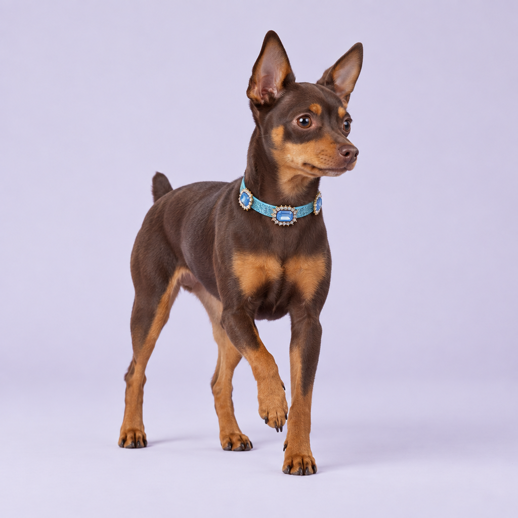 Chocolate-and-tan miniature pinscher taking a gentle step