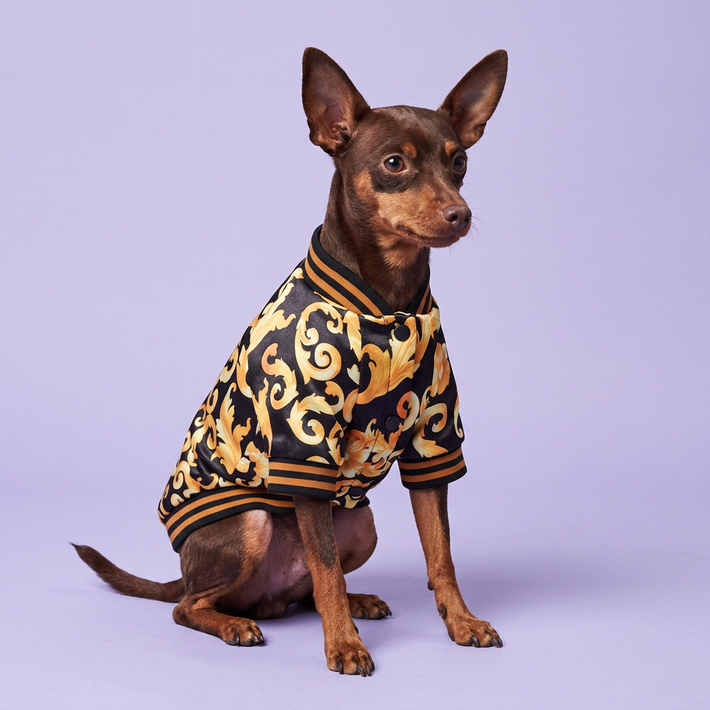 Chocolate-and-tan miniature pinscher wearing the baroque top