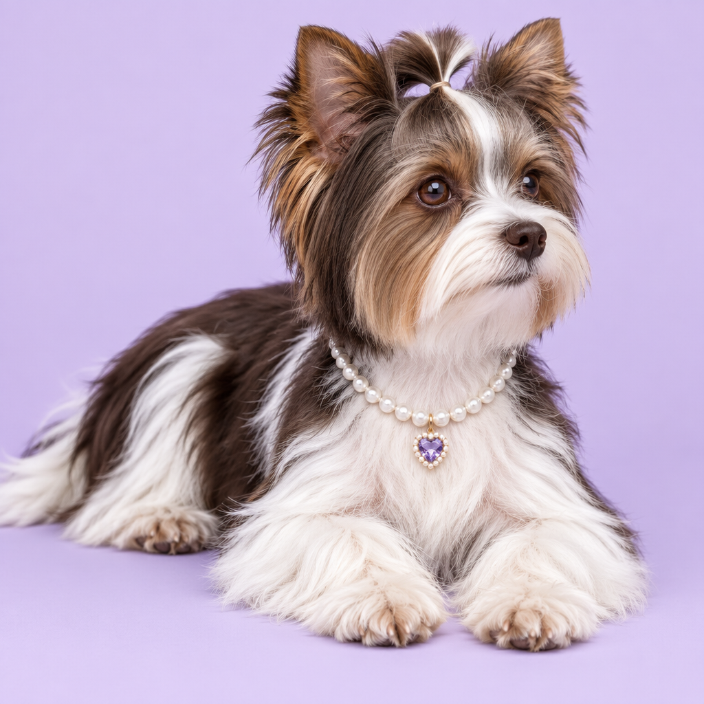 Chocolate-and-white Biewer Terrier resting