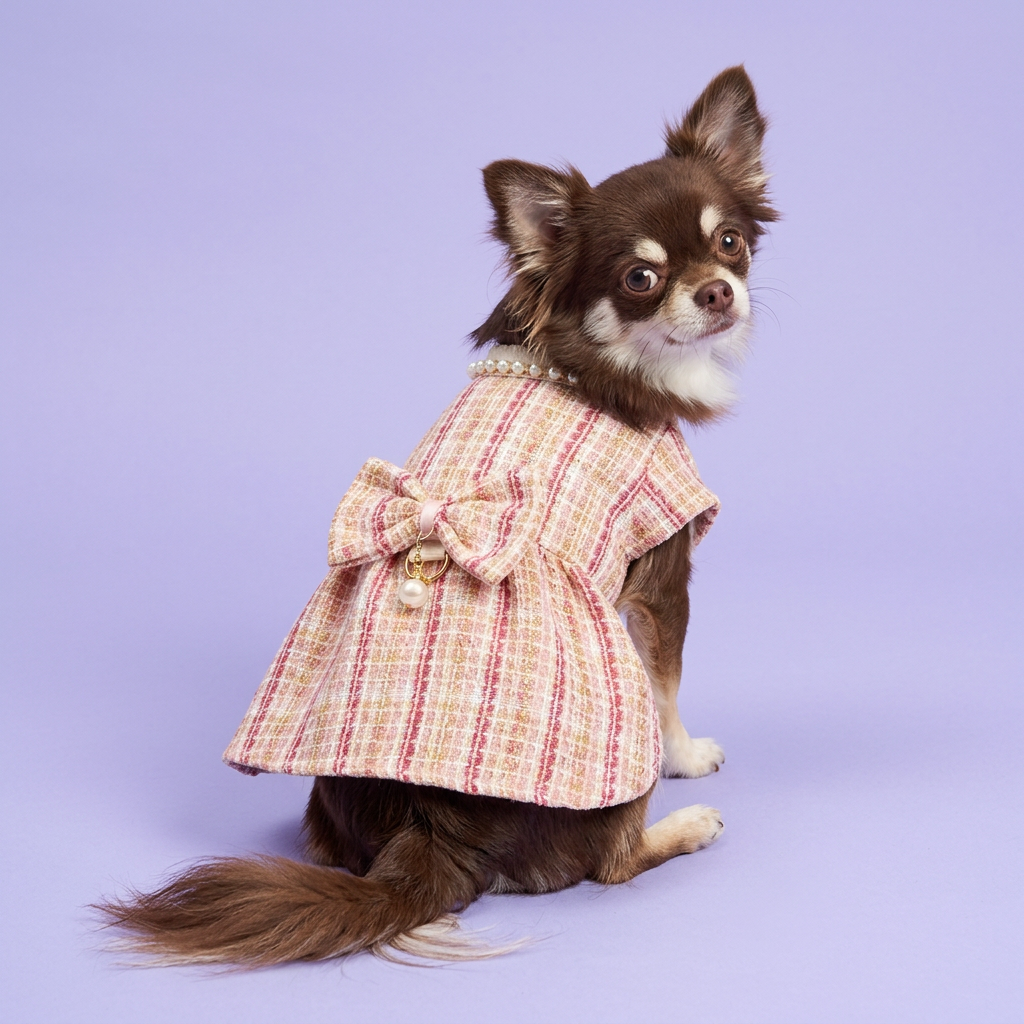 Chocolate-and-white Chihuahua seated to show the bow and pearl charm
