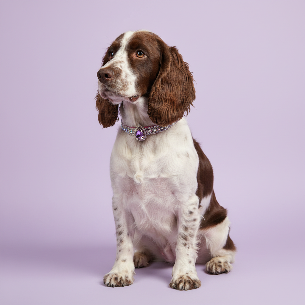 Chocolate-and-white Cocker Spaniel sitting and looking to the side, wearing a magenta pink beaded collar with a sparkling teardrop gem pendant, on a lavender background
