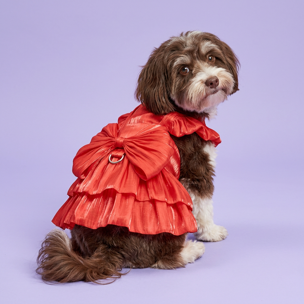 Chocolate-and-white Havanese showing the red back bow