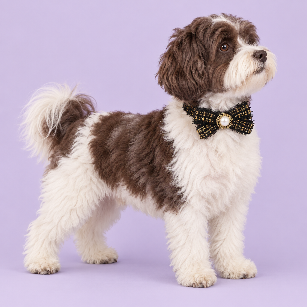 Chocolate-and-white Havanese standing