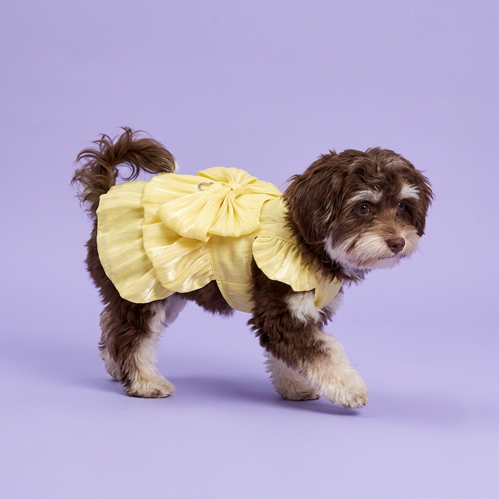 Chocolate-and-white Havanese wearing the lemon-yellow dress