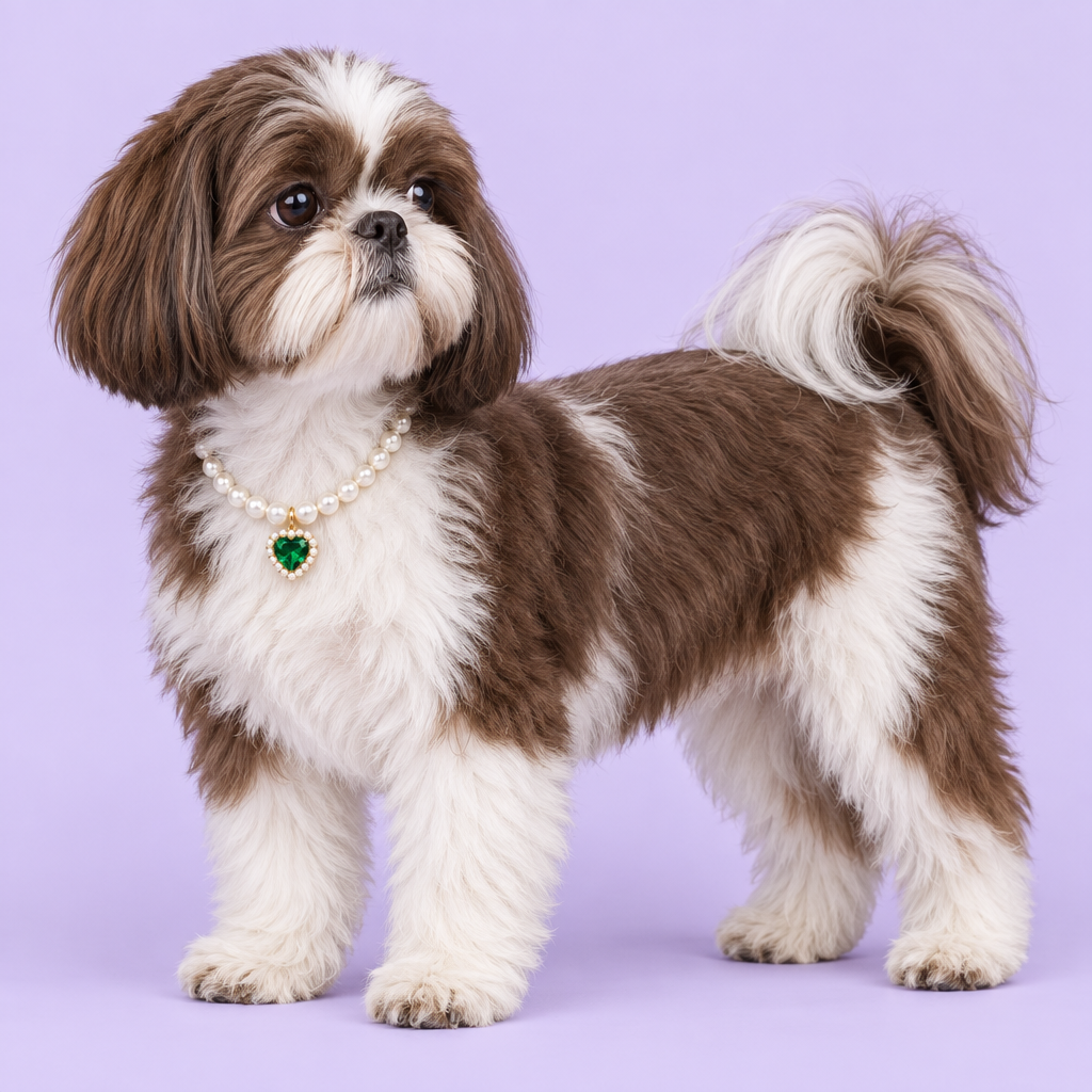 Chocolate-and-white Shih Tzu standing