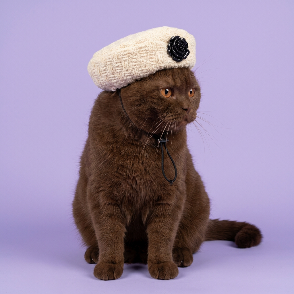Chocolate British Shorthair wearing the ivory beret