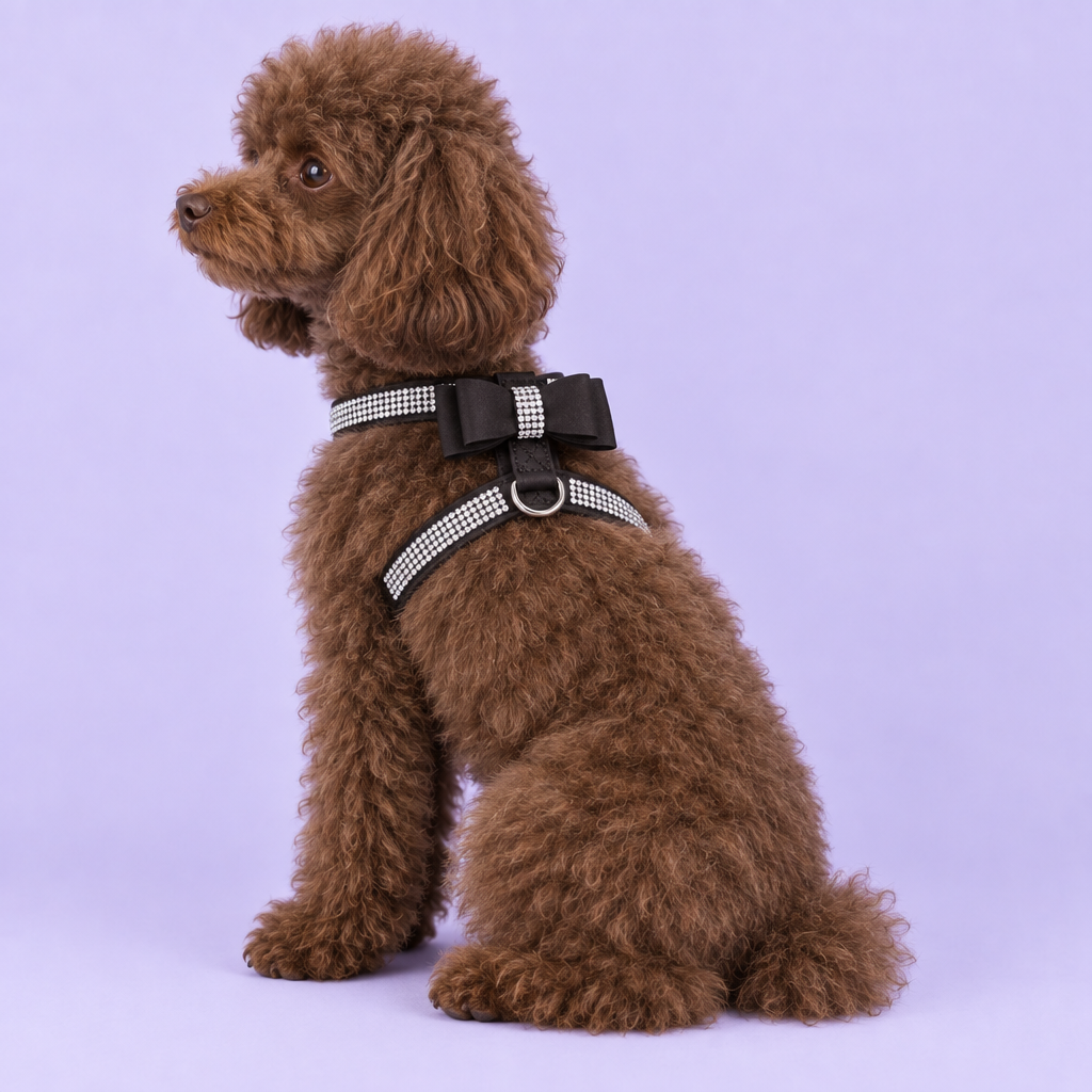 Chocolate-brown toy poodle in the black harness