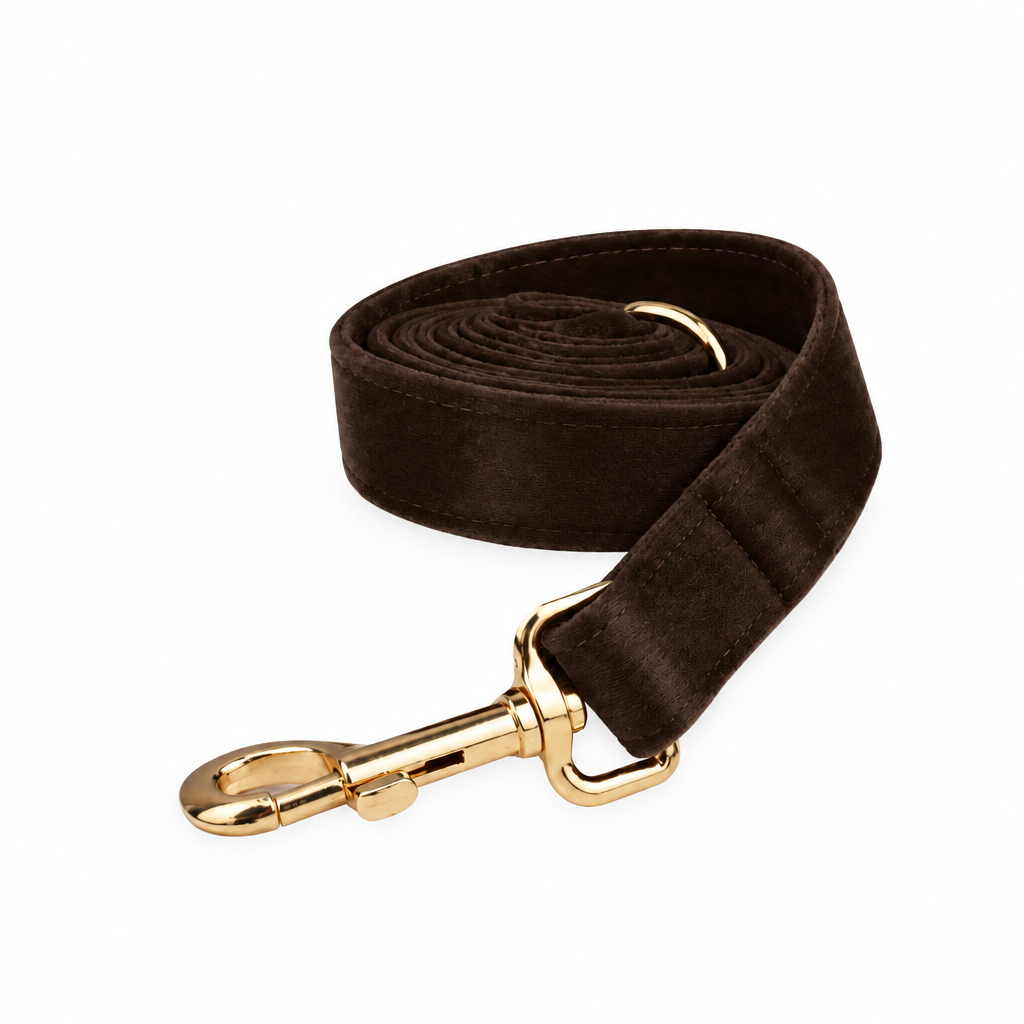 Chocolate brown velvet coiled leash with gold hardware