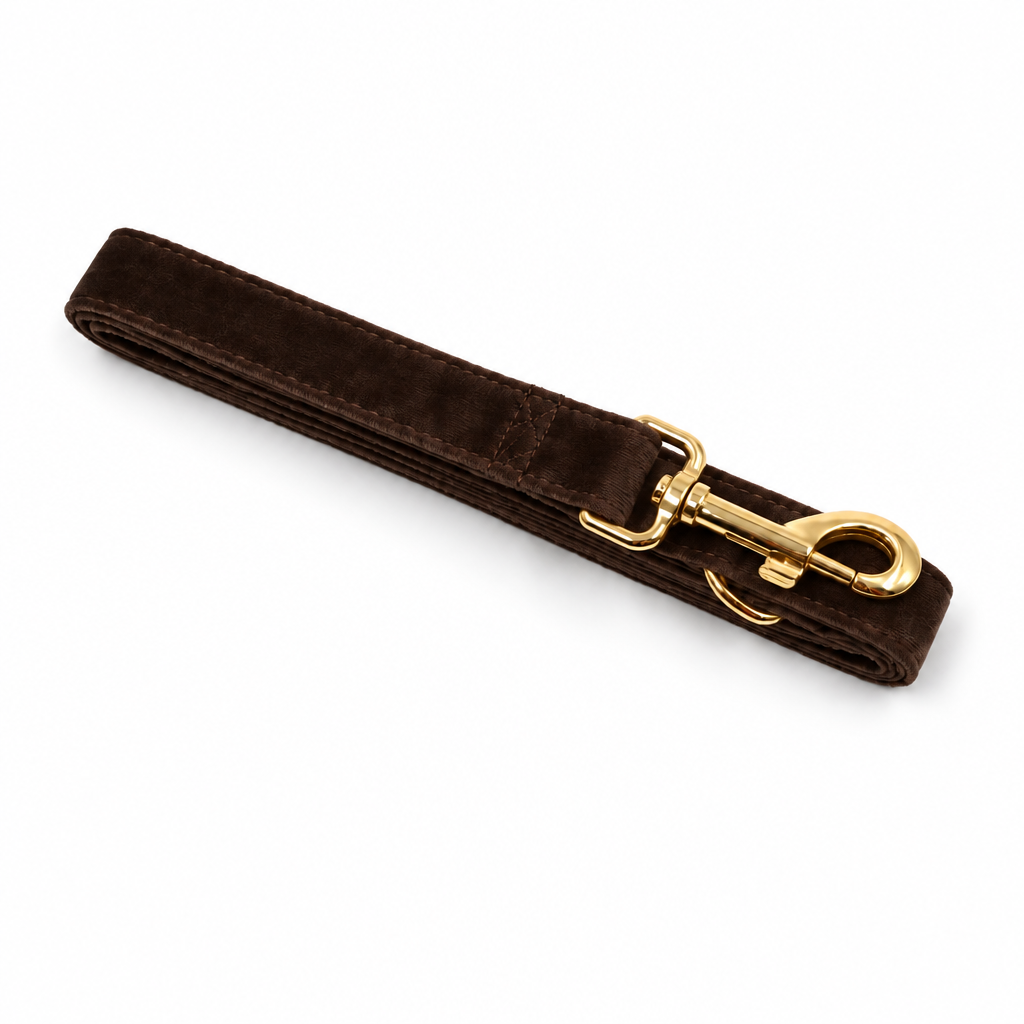 Chocolate brown velvet folded leash with gold hardware