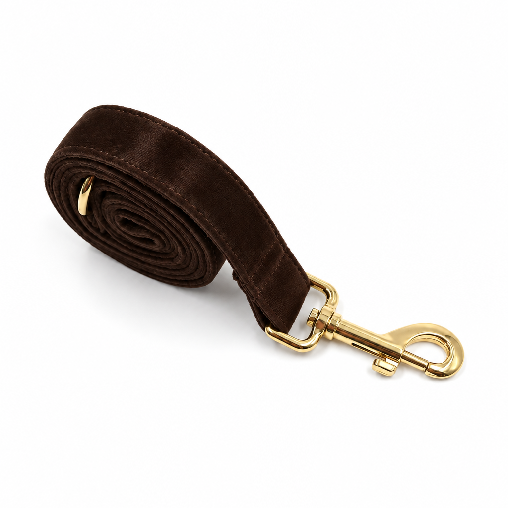 Chocolate brown velvet rolled leash with gold hardware
