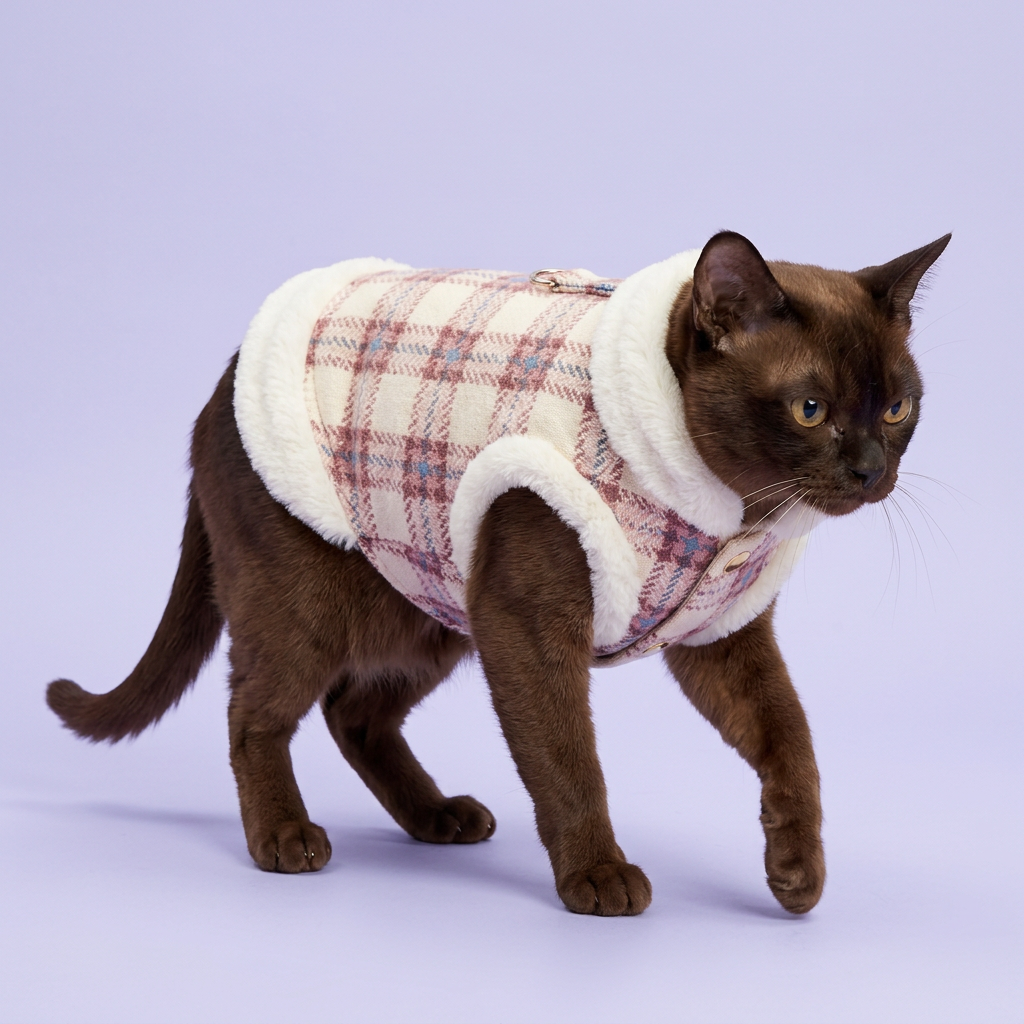 Chocolate Burmese gently stepping in the pink plaid vest
