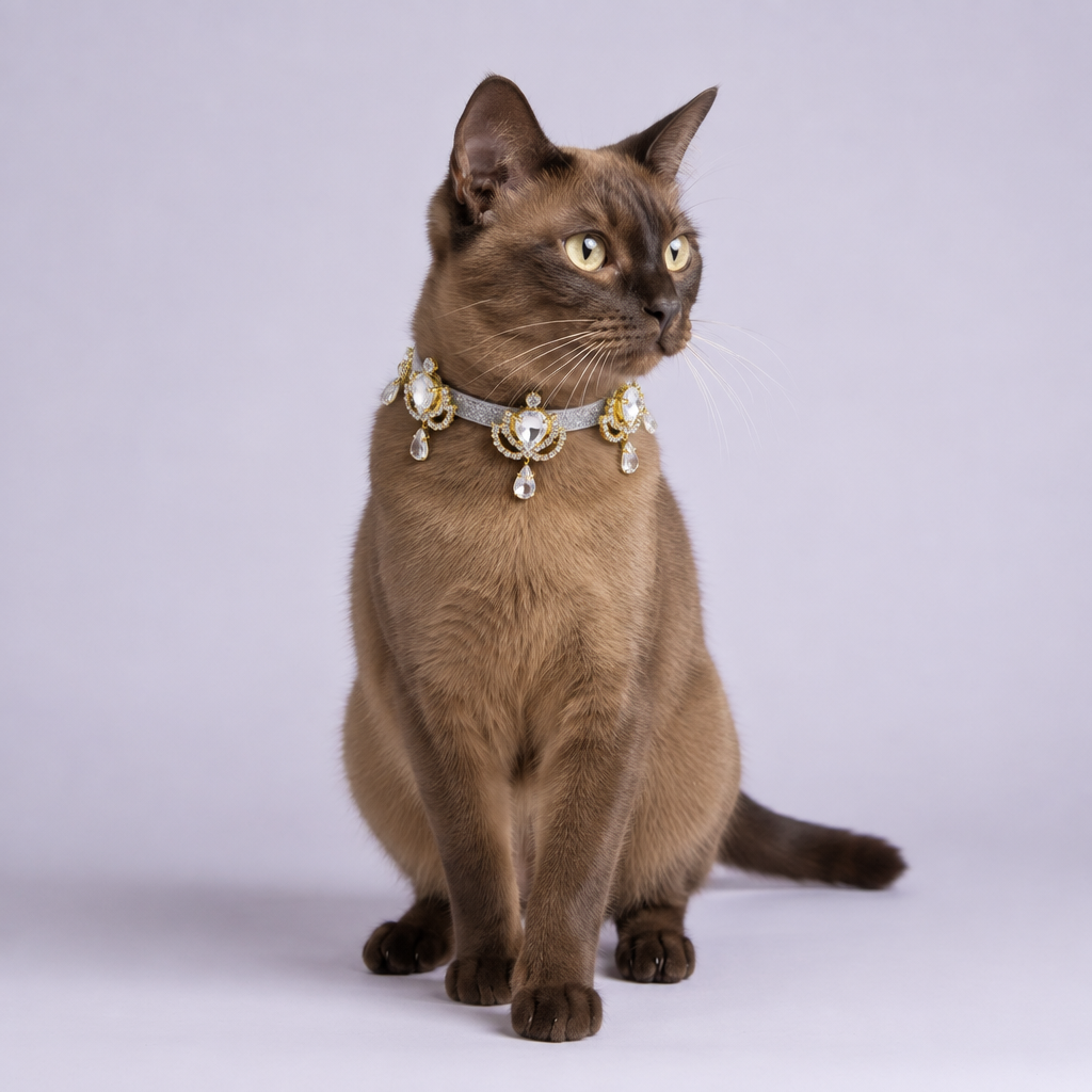 Chocolate Burmese standing and looking off camera