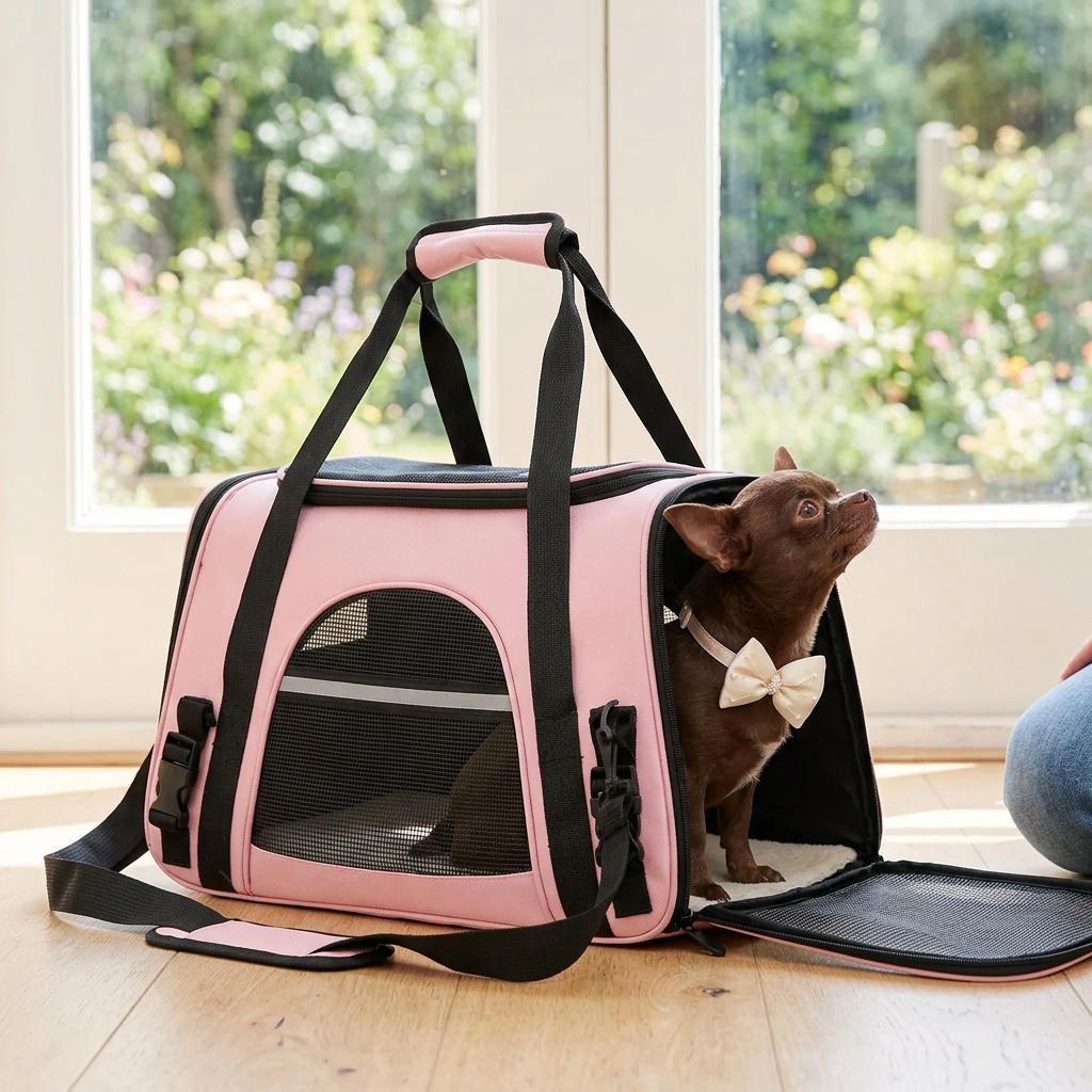 Chocolate Chihuahua lifestyle mockup inside the pink carrier