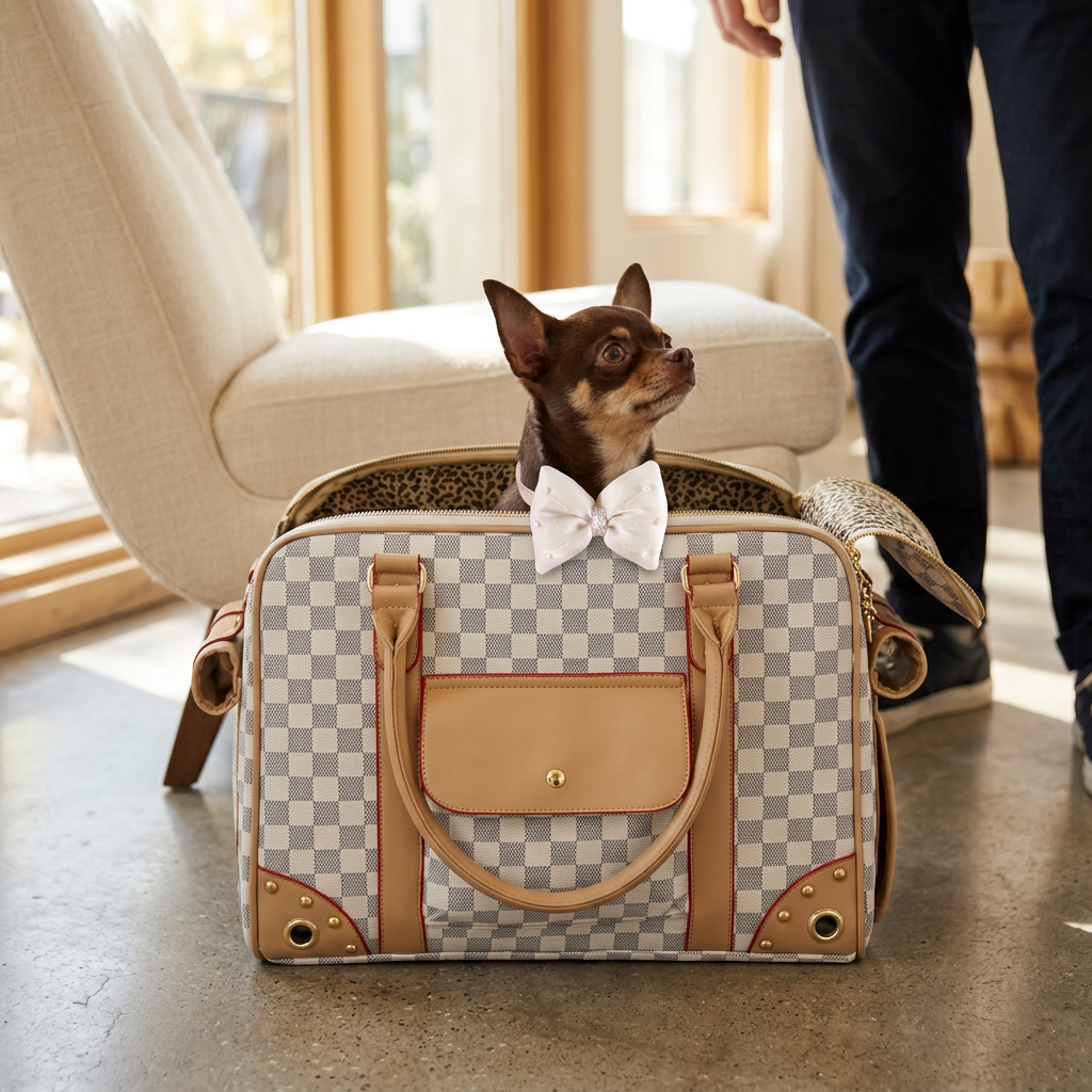 Chocolate Chihuahua lifestyle mockup with checkered carrier and cream pearl-bow collar