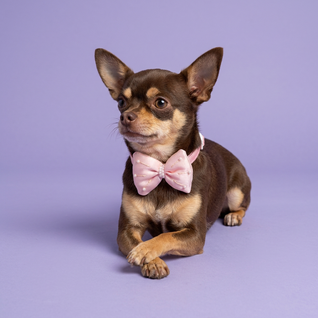 Chocolate Chihuahua lounging in pink bow collar
