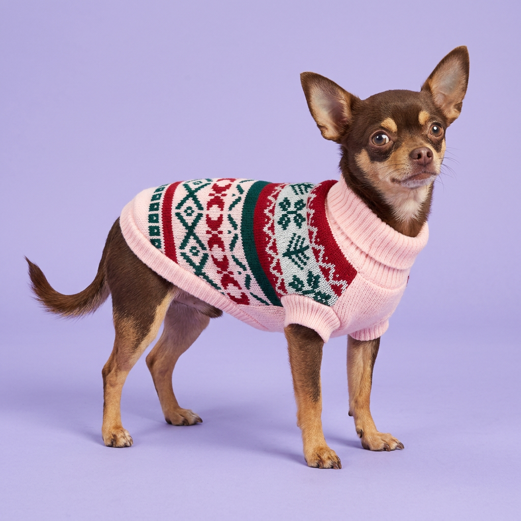 Chocolate Chihuahua standing in the pink-trimmed sweater