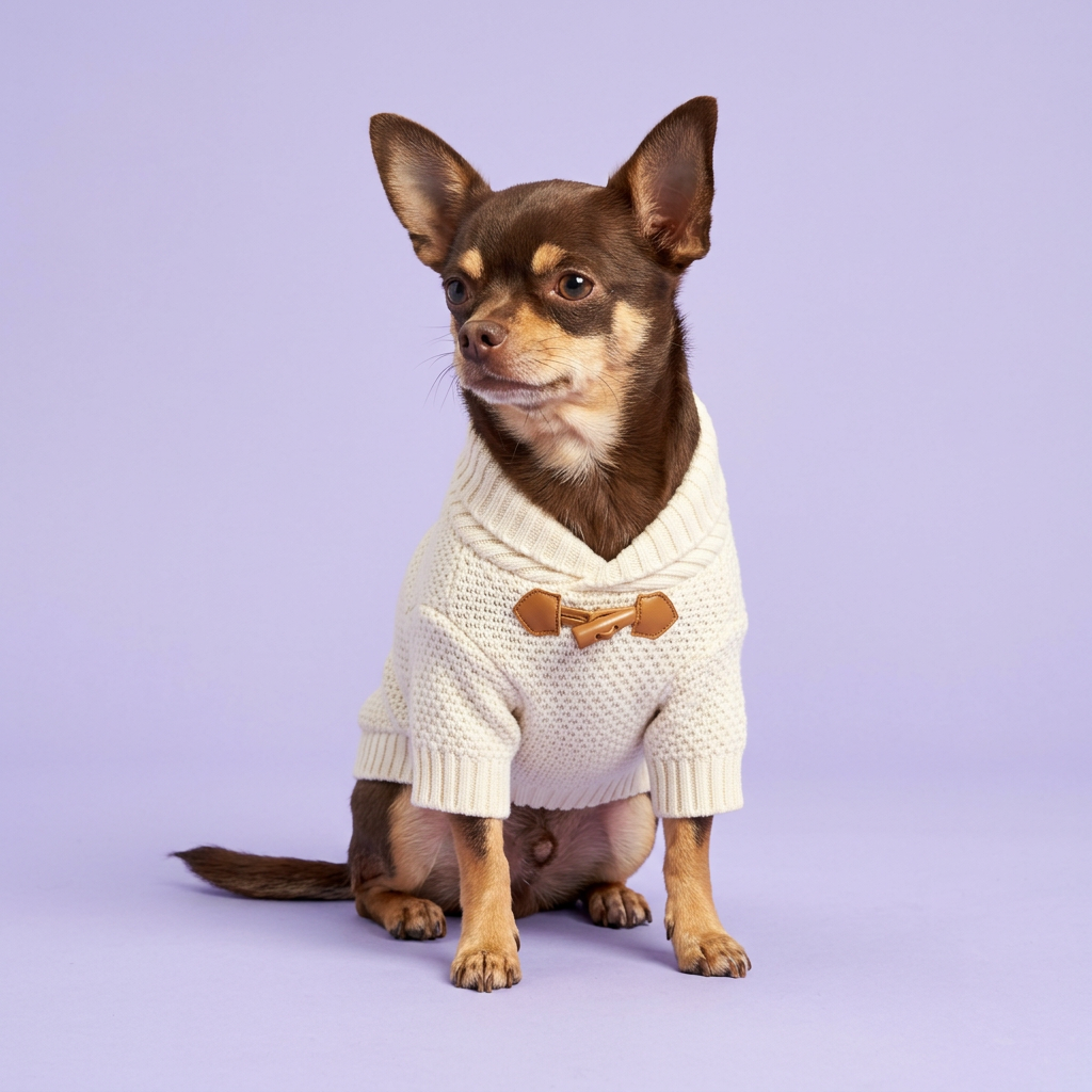 Chocolate Chihuahua wearing the cream knitted sweater on lavender