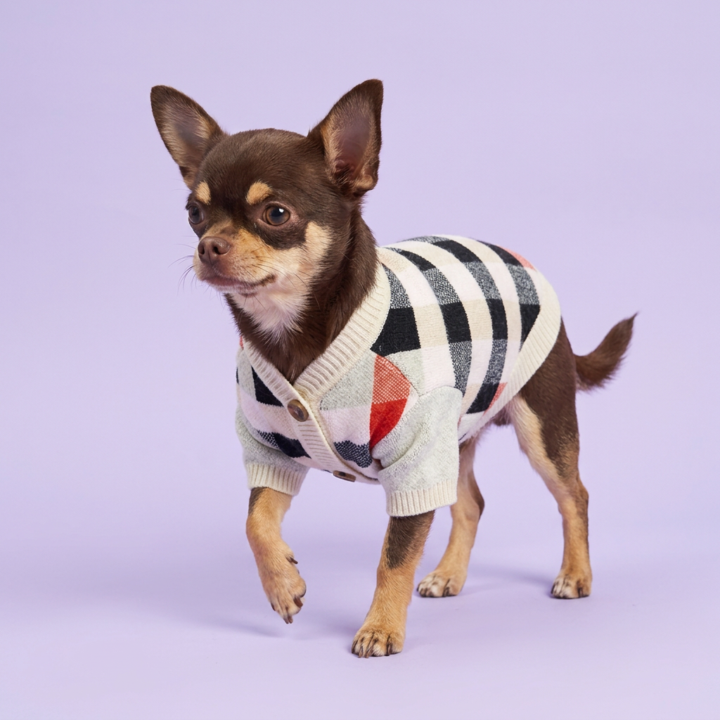 Chocolate Chihuahua wearing the plaid cardigan on lavender