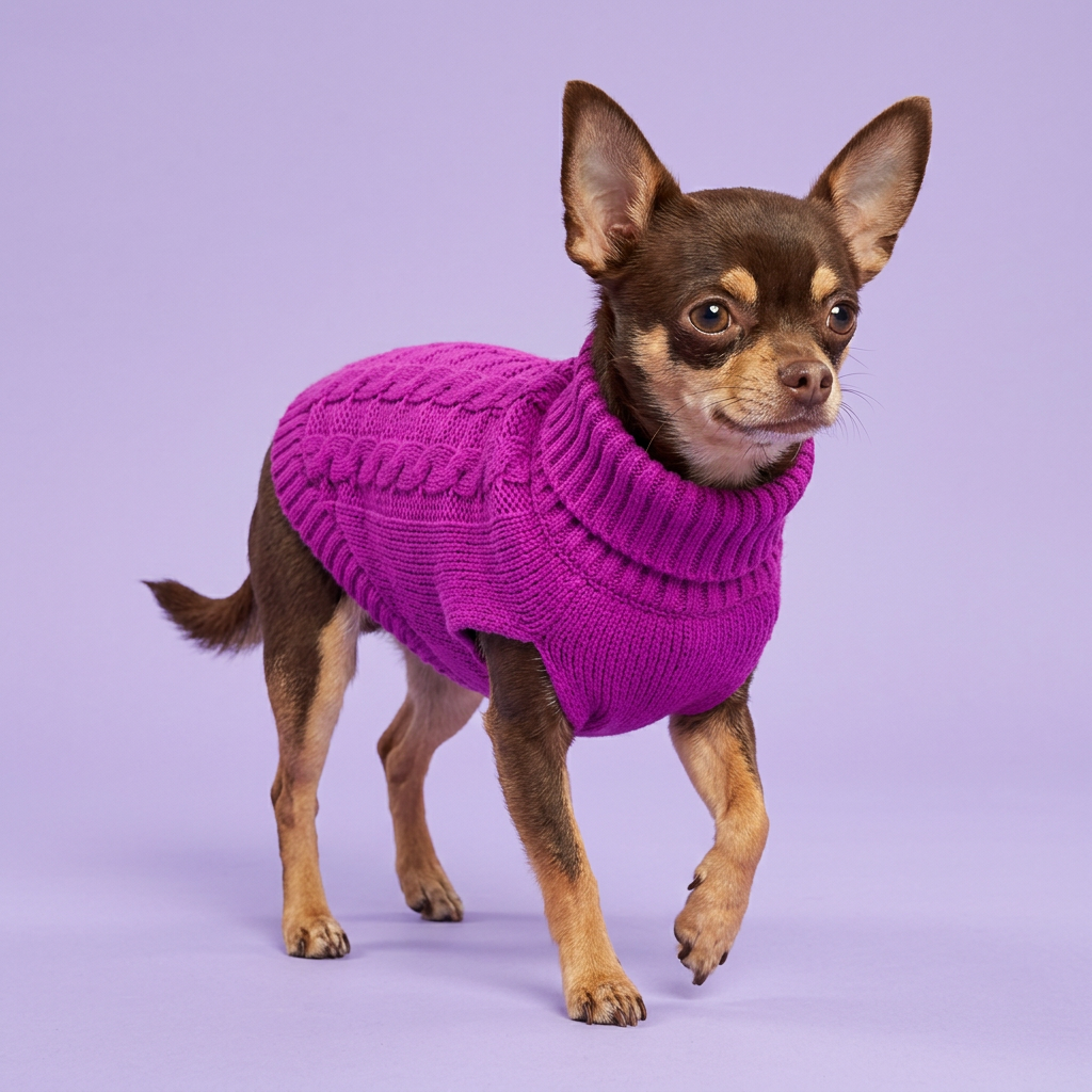 Chocolate Chihuahua wearing the purple sweater on lavender