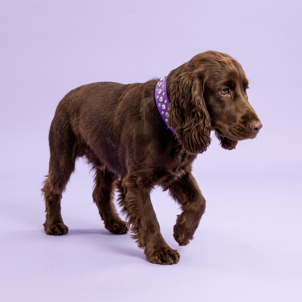 Chocolate Cocker Spaniel mid-step looking ahead, wearing the wide purple rhinestone collar