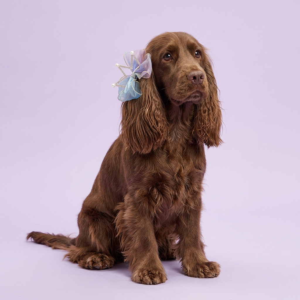 Chocolate cocker spaniel wearing the blue-and-lavender crown bow