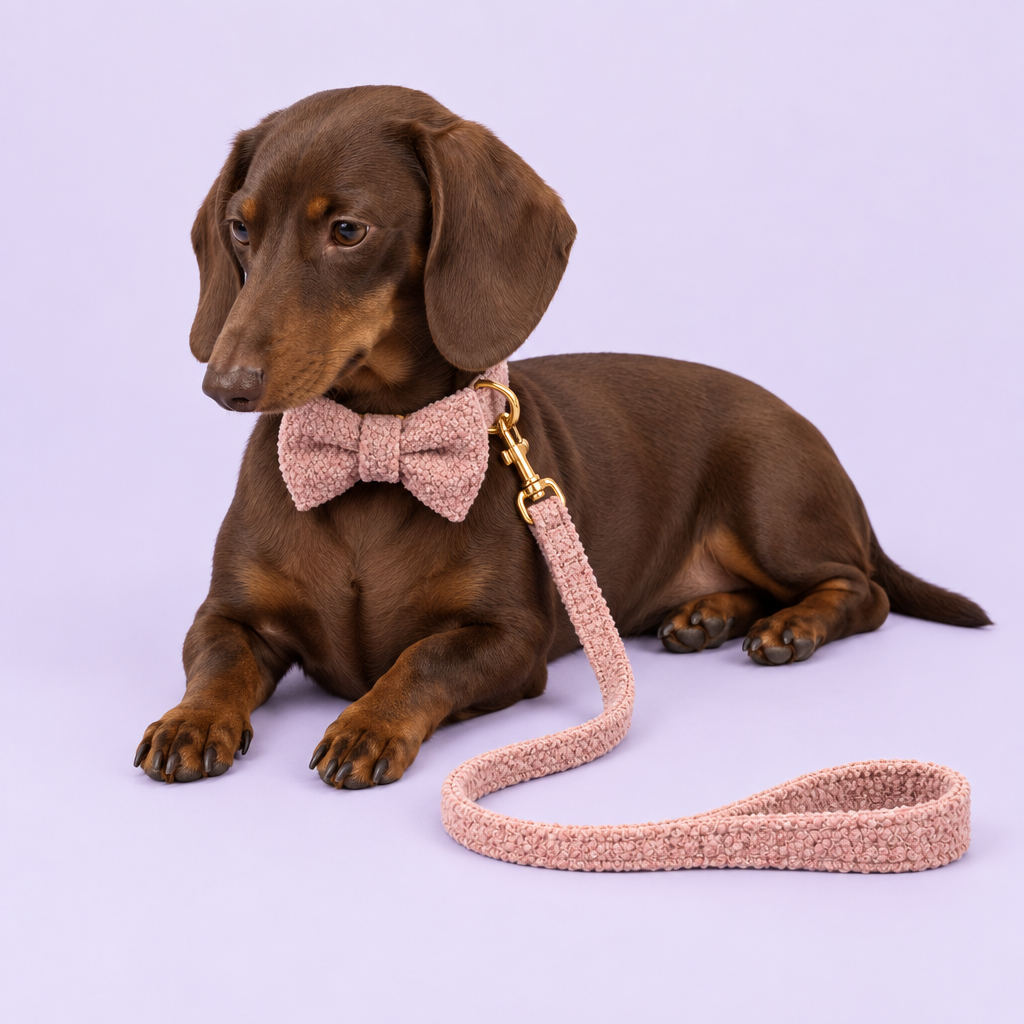 Chocolate Dachshund in pink teddy-fleece set