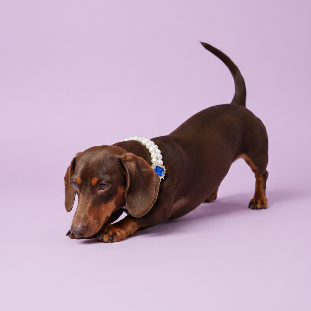 Chocolate Dachshund in a playful bow wearing a double pearl collar with a blue gemstone pendant against a lavender background