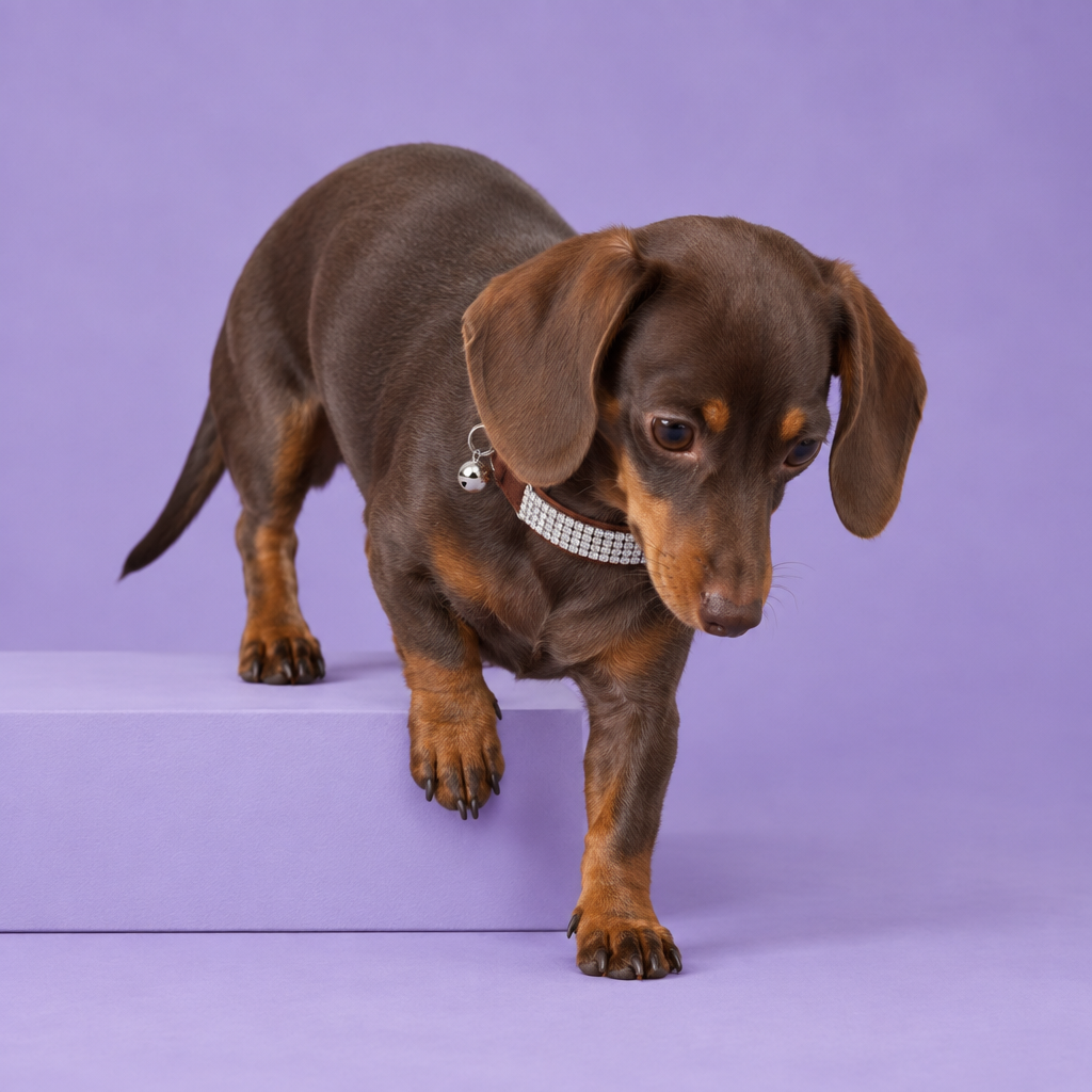 Chocolate dachshund wearing the brown crystal collar